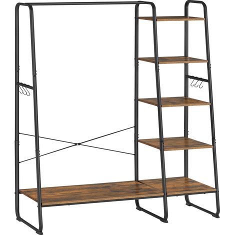 Porte-Manteau Sur Pieds, Meuble Chaussure Entrée, Vestiaire, Avec 5 Étagèress De Rangement, 6 Crochets, Pour Chambre, Salon, Couloir, Style Industriel, Marron Rustique Et Noir (1/5)