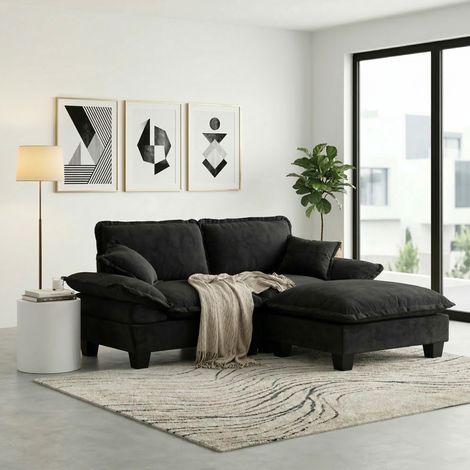 Modulares Ecksofa 194x151x90 cm Schwarz Chenille mit Ottomane und 2 Kissen (1/5)