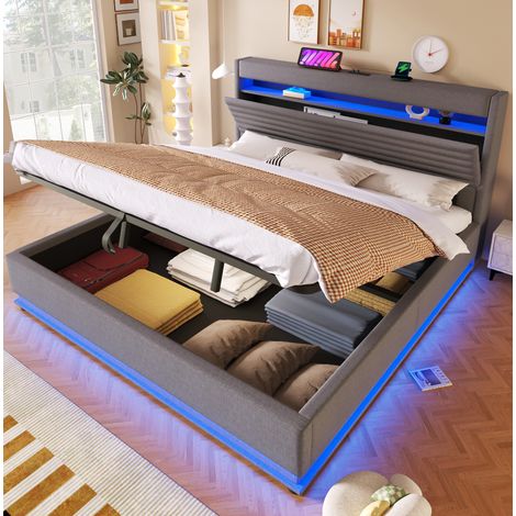 letto contenitore 180x200 LED USB lino grigio HAVRYA (1/5)