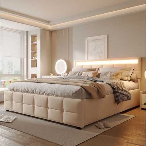 Polsterbett 180x200 cm Beige aus holländischem Samt mit LED, Lattenrost und hydraulischem Stauraum (1/5)