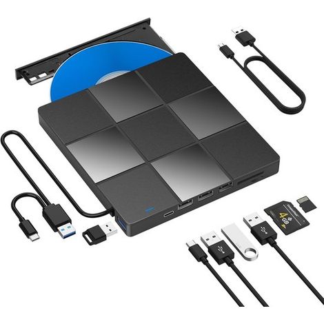 Lecteur CD/DVD externe portable avec USB 3.0 et lecteur de cartes SD/TF - Compatible avec ordinateurs portables, PC et Mac OS (1/5)