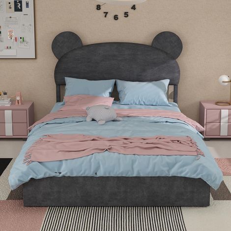 Lit rembourré moderne et minimaliste avec tête de lit souple en forme de dessin animé, 140x200 cm, gris, meuble de chambre multifonctionnel, sommier coffre haut avec mécanisme de levage à gaz