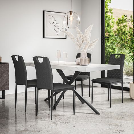 Donni Dining Table And Chairs - White Marble Effect Table Top w Black Legs + Monza Linen Dining Chair lSet Of 4 (Charcoal) (1/5)