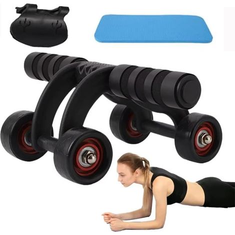 Roue abdominale 4 roues + genouillère mousse + barre pompes, fitness homme/femme