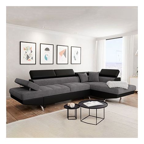 Canapé d'angle RIO convertible 5 places avec coffre de rangement – Microfibre et simili – Dimensions 271 x 192 x 70/85 cm – Angle droit, gris et noir – Usinestreet