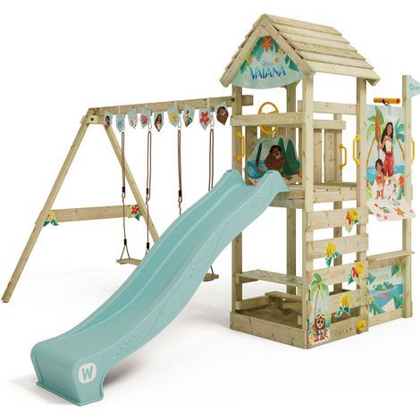 Wickey Spielturm Klettergerüst Disney Adventure mit Schaukel & Rutsche, Kletterturm mit Holzdach, Sandkasten, Leiter & Spiel-Zubehör - Vaiana