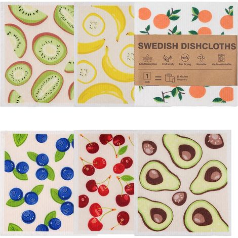 Chiffons Suédois Cuisine Lot de 6, Lingettes Nettoyage Réutilisables en Cellulose, Absorbantes, Lavables, Séchage Rapide pour Vaisselle, Plans de Travail (1/5)