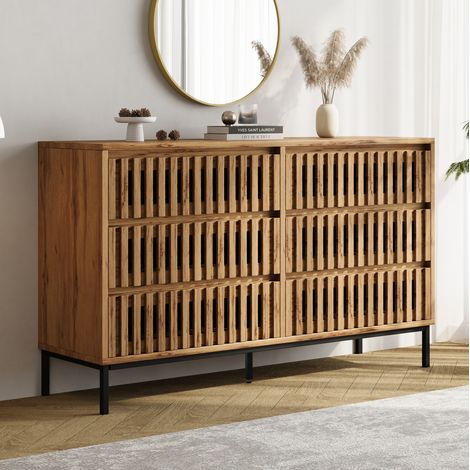 Aparador moderno de madera natural 120 x 40 x 81 cm con 6 cajones y 5 patas OKWISH (1/5)