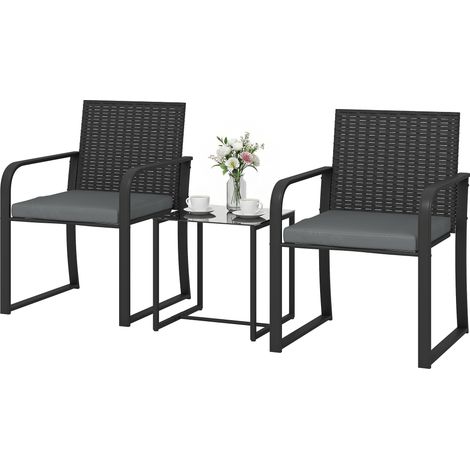 Set Ratán synthétique jardin 2 fauteuils coussins + table verre gris (1/5)