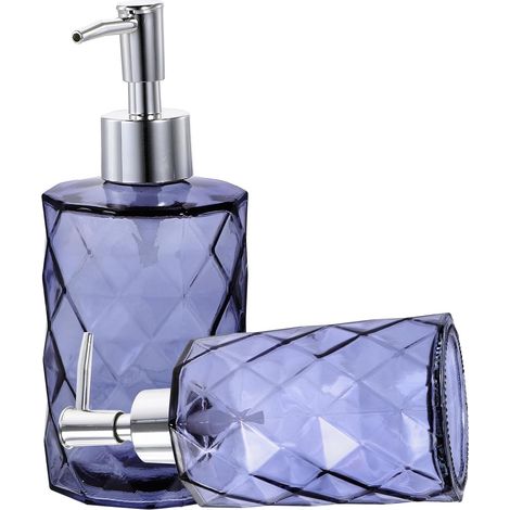 2 Pièces Bouteille Presser en Verre 330ml avec Pompe Argentée Amovible Flacon Vide Design Diamant pour Savonnette Liquide et Gel Salle de Bain (1/5)