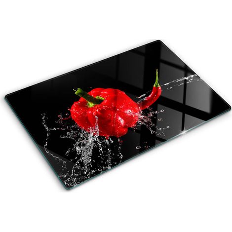 Planche de cuisine, couvre plaque, verre planche découper, verre trempé – 80 x 52 cm - Poivron rouge (1/5)