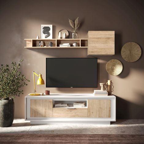 Meuble tv contemporain 180cm blanc et bois clair YORI (1/5)