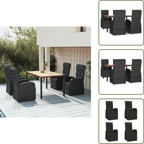 The Living Store Ensemble à manger de jardin 5pcs Noir Poly rotin et acacia - Fauteuil inclinable (1/5)