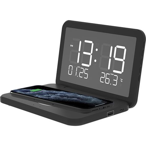 Réveil numérique avec chargeur sans fil, veilleuse, port USB, station de charge pour iPhone, idéal pour la chambre ou le salon, format 12/26 h, fonction snooze, blanc, noir. (1/5)