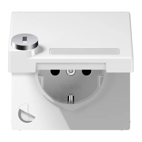 Jung Presa SCHUKO®, 16 A 250 V , con targhetta, SAFETY+, coperchio incernierato, con serratura di sicurezza, termoplastico, serie LS, bianco alpino LS 1520 NAKLSL WW