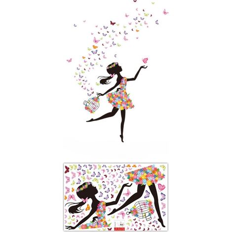 Sticker Murale - Motif Fée Papillon Fleur Pour Enfants - Décor Réutilisable Pour Chambre D'enfant - 1 Feuille 60 x 90 cm (1/5)