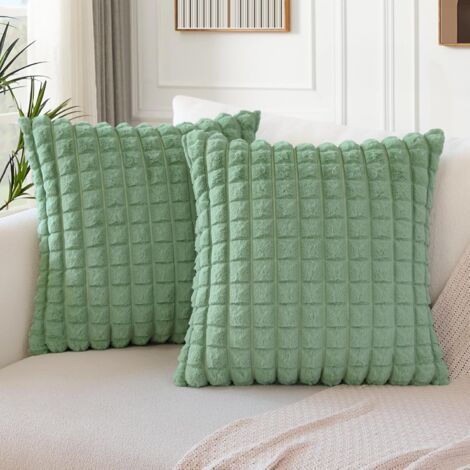 Lot de 2 housses de coussin décoratives en velours - Fourrure synthétique douce - Texture plaid - Pour canapé, chambre à coucher - 60 x 60 cm - Vert (1/5)