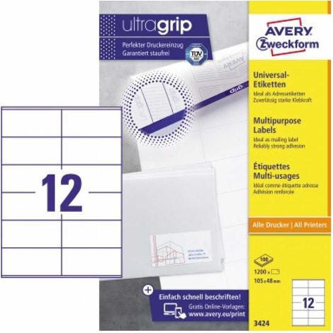 Universaletikett ultragrip 105 x 48 mm (B x H) nicht wieder ablösbar Papier weiß 1.200 Etik./Pack. (1/5)