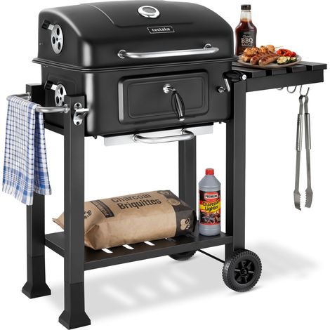 Barbecue au charbon, bac réglable, thermomètre, noir 110x64x104cm