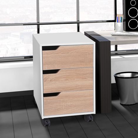 Cómoda de MDF con 3 cajones y ruedas para oficina o estudio, color blanco y madera, 40x50x57,5 cm.