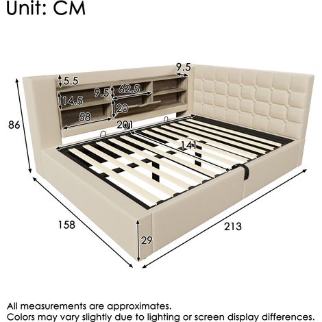 Cama tapizada de 140x200 cm, cama doble con iluminación LED, almacenamiento hidráulico, cabecero en forma de L con espacio de almacenamiento, se puede montar a ambos lados, somier de láminas, tejido d (1/5)