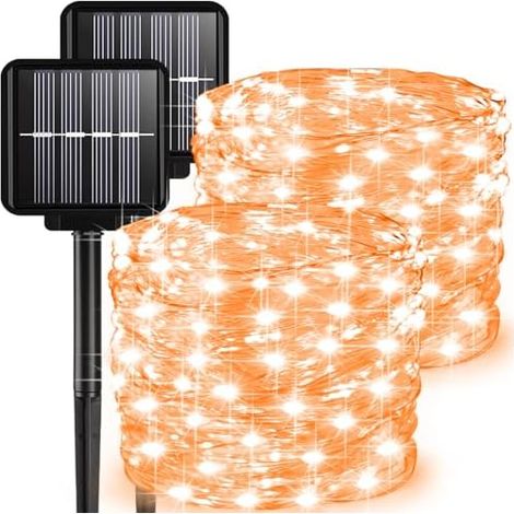 Lot de 2 guirlandes lumineuses solaires d'extérieur de 10 m, 100 LED, 8 modes, étanche, pour terrasse, cour, arbre de Noël, Halloween, décorations de fête de mariage, orange (1/5)