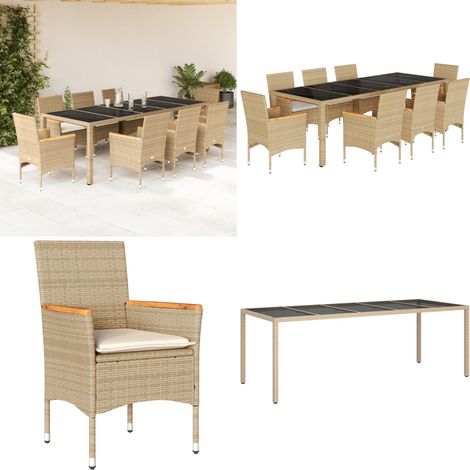 Ensemble à manger de jardin et coussins 9 pcs beige rotin verre - Meubles De Jardin - Salon De Jardin - Set De Jardin - Mobilier De Patio - Table De Jardin - Home & Living (1/5)
