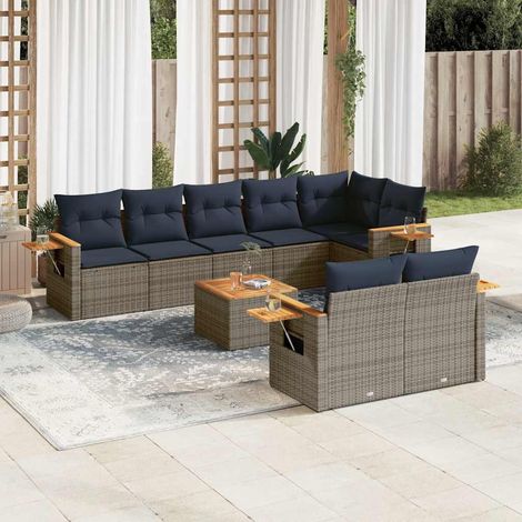 Salon de jardin 9 pièces avec coussins bleu marine, résine tressée grise et table en acacia, 75.72kg - PANGIVO (1/5)