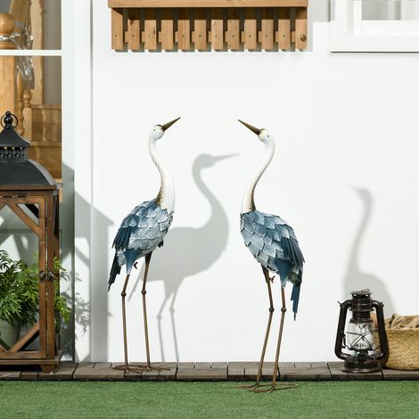 Lot de 2 statues en forme de grue en acier pour jardin avec peinture résistante et piquets au sol décoration de la pelouse