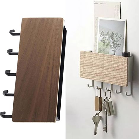 Porte-clés mural japonais en bois avec 5 crochets, sans perçage, multifonction, couleur noyer. (1/5)