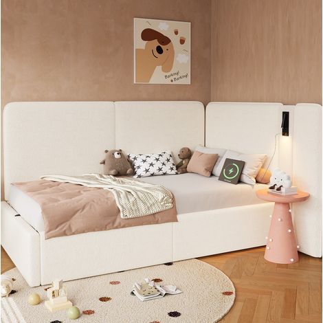 Bett Daybed modern aus Bouclé Beige 90x200 cm mit gepolstertem Kopfteil, hydraulischem Stauraum, USB/Type-C und Leselampe (1/5)