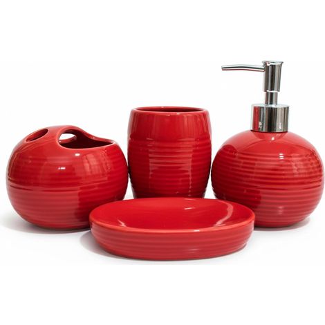 4 Accessoires de salle de bain, Céramique rouge, Distributeur savon, Porte-brosse à dents, Gobelet, Porte-savon, Maison moderne (1/5)