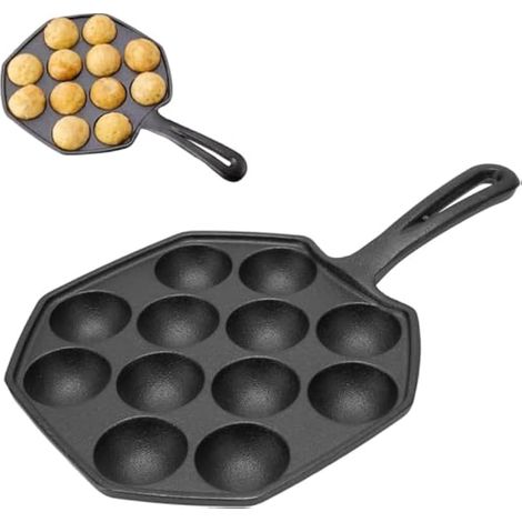 Plaque de cuisson à takoyaki en fonte avec poignée creuse, 12 grilles de 4 cm de diamètre, antiadhésive, pour plaques à induction. (1/5)