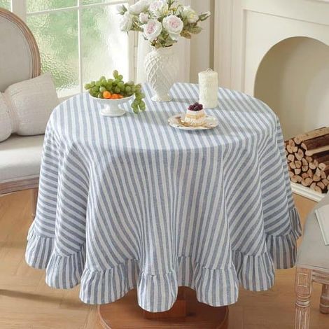 Nappe ronde à rayures et volants, lavable en 100 % coton, décoration de table pour salle à manger, rayures bleues, ronde, 150 cm (1/5)