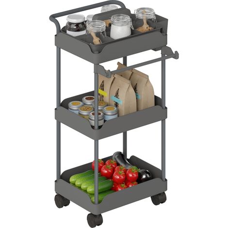 Carrito Auxiliar con Ruedas de 3 Niveles Carrito de Cocina con Cestas Extraíbles y Soporte para Toallas Gris (1/5)