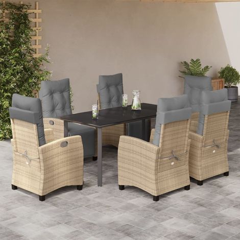 Salon de jardin 7 pièces avec table et 6 fauteuils inclinables en résine tressée beige, 92.15kg - PANGIVO (1/5)