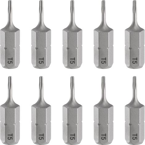 10pcs T5 Embout de Tournevis Torx 1/4" Tige Hexagonale 25mm/1" Longueur Magnétique Tête Étoile à 6 Pans Acier S2 Embout de Tournevis (1/5)
