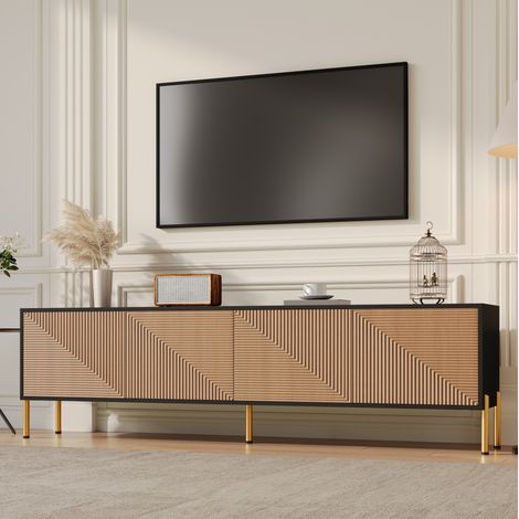 Mueble de TV 179 x 35 x 53,5 cm, 4 puertas, negro y natural, patas metálicas doradas DESVIAE (1/5)