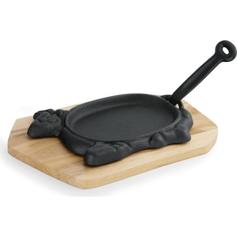 Poêle de service fonte et support bois 27 x 16 cm H 2 cm motif bSuf IRON DINING - Was Germany (1/2)