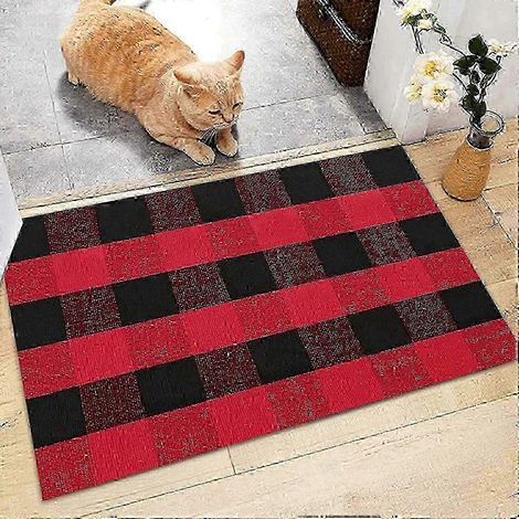 Tapis d'entrée à carreaux noirs et blancs en coton lavable et fait main 61 x 91 cm pour l'intérieur l'extérieur l'entrée et la cuisine. (1/5)
