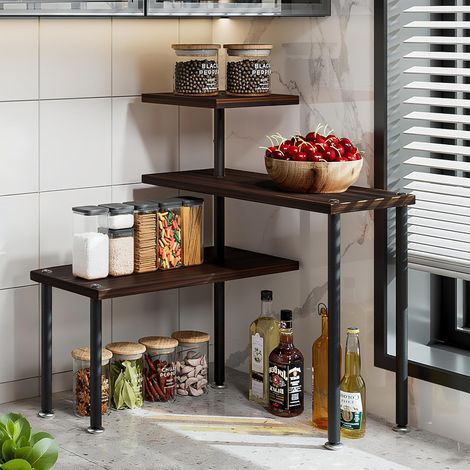 Organiseur de comptoir à 3 niveaux, étagères d'angle réglables pour cuisine, étagère de rangement pour épices pour salle de bain, café, au-dessus de l'évier (chêne noir) (1/5)