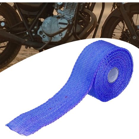 Bande de fibre de verre de 5 m transformée en bande isolante thermique de type banane, bande isolante thermique pour tuyau d'échappement, 6 colliers de serrage en acier, bleu (1/5)