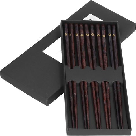 5 paires de baguettes japonaises en bois, motif fleurs doré, réutilisables, traditionnelles et élégantes, cadeau pour famille et amis (1/5)