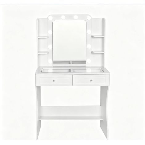Tocador abierto blanco de MDF con espejo y tablero de vidrio transparente (1/5)
