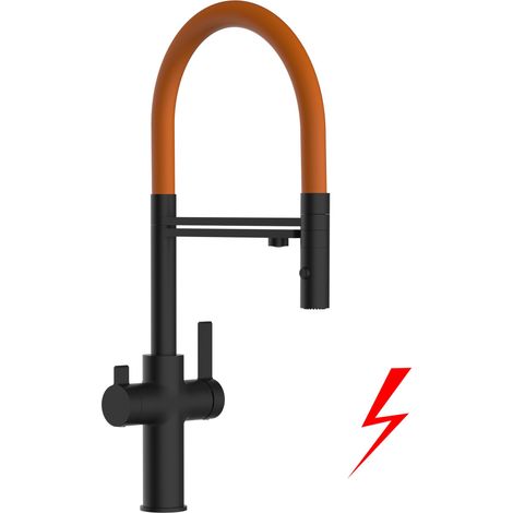 NIEDERDRUCK 3 Wege Wasserhahn Küchenarmatur Spültischmischer, Schwarz Matt mit 360° schwenkbarem Auslauf, abnehmbare 2 strahl Handbrause, Flex-Schlauch oben in Orange - VZFC Linie (1/5)