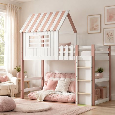 Letto a soppalco bambini 90x200 cm con contenitore, rosa, legno e MDF, senza materasso FloraGrace (1/5)
