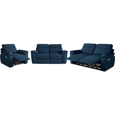 Canapés de relaxation ROSS électriques 3 et 2 places et fauteuil en tissu texturé 3D - Bleu foncé