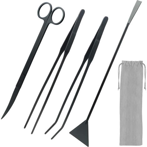 Kit 4 en 1 en acier inoxydable pour aquarium - Accessoires de nettoyage pour aquarium - Pince à épiler, ciseaux, pinces, grattoir à algues (noir) (1/5)