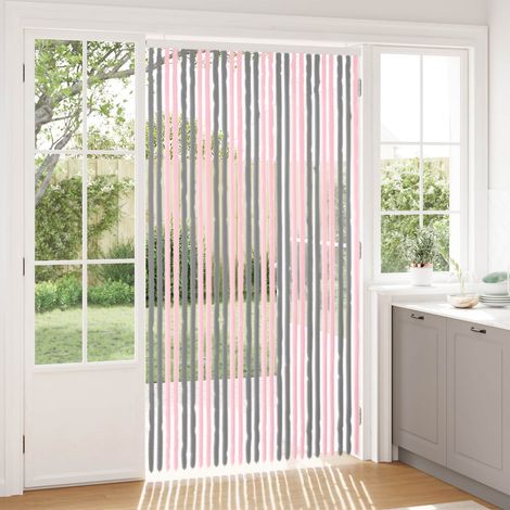Rideau anti-insectes en chenille rayée gris argent et rose 118 x 220 cm - PANGIVO (1/5)