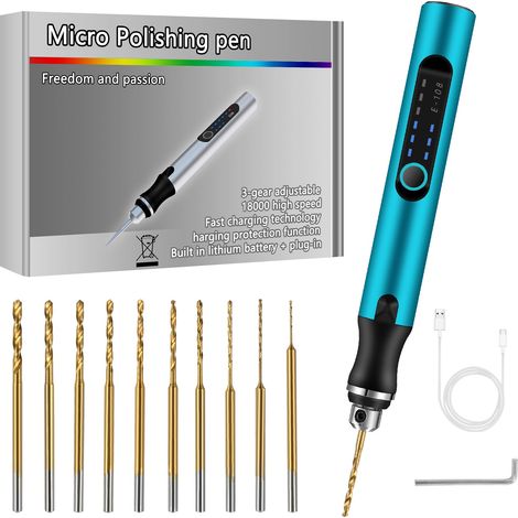 Mini perceuse électrique à 3 vitesses - Sans fil - Rechargeable par USB - Avec 10 forets hélicoïdaux (0,6-2,2 mm) - Mini perceuse pour la fabrication de bijoux en résine, plastique, bois, (1/5)